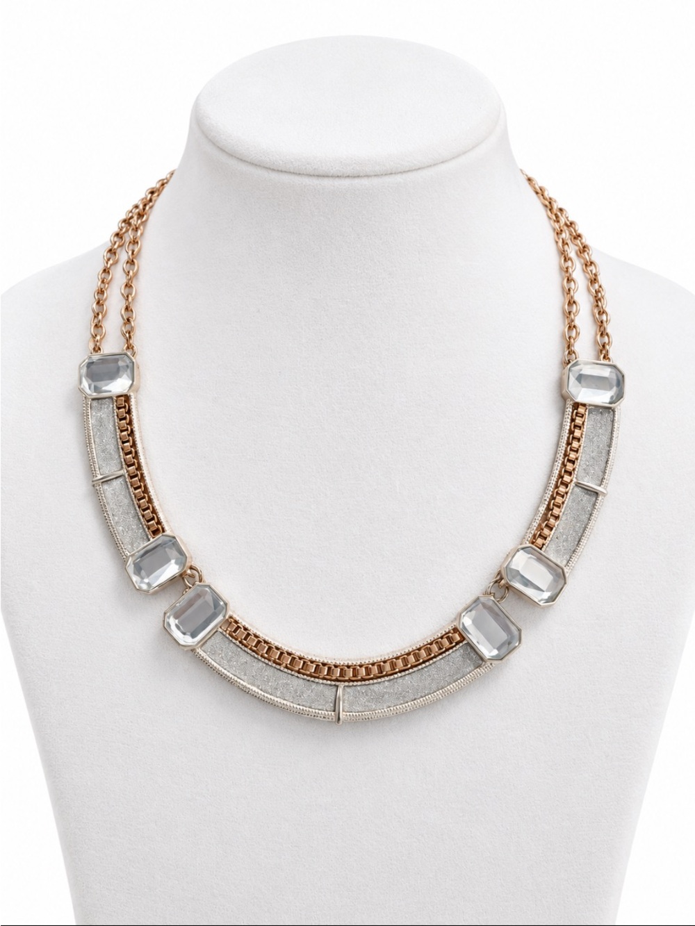 Signed NRQ “Avon” Silver Large Textured Link Bib Statement Necklace